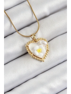 316L Çelik Zincir Beyaz Sanatsal Portre İnci Detaylı Papatya Figürlü Kalp Model Gold Renk Kadın Kolye