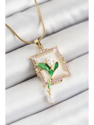 316L Çelik Zincir Beyaz Sanatsal Portre Sallantılı İnci Detaylı Lale Model Gold Renk Kadın Kolye