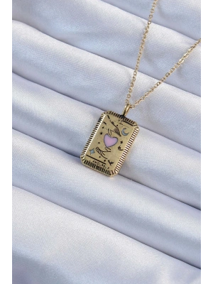 316L Çelik Zincir Eskitme Altın Renk Pembe Mineli Kalp Figürlü Tarot Kolye