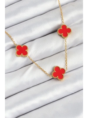 316L Çelik Zincir Gold Kırmızı Renk Yonca Kadın Kolye
