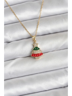 316L Çelik Zincir Gold Ren Çam Ağacı Model Zirkon Taşlı Yılbaşı Temalı Kadın Kolye
