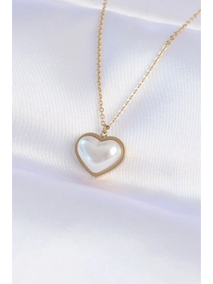 316L Çelik Zincir Gold Renk Beyaz Taşlı Bubble Kalp Kolye