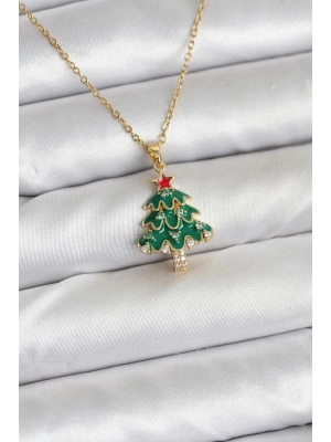 316L Çelik Zincir Gold Renk Çam Ağacı Model Yılbaşı Temalı Kadın Kolye