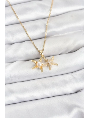316L Çelik Zincir Gold Renk Deniz Yıldızı Model Zirkon Taşlı Kadın Kolye