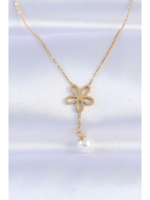 316L Çelik Zincir Gold Renk İnci Detay Çiçek Kolye