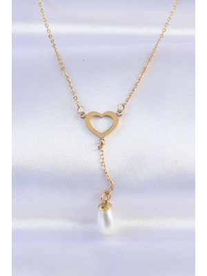 316L Çelik Zincir Gold Renk İnci Taş Detay Kalp Kolye