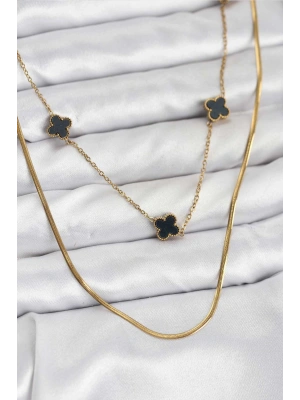316L Çelik Zincir Gold Renk İtalyan Zincirli Siyah Yonca Model Kadın Kolye