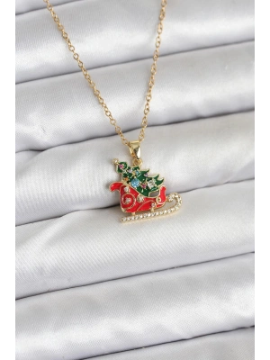 316L Çelik Zincir Gold Renk Kızak ve Çam Ağacı Figürlü Yılbaşı Temalı Kadın Kolye