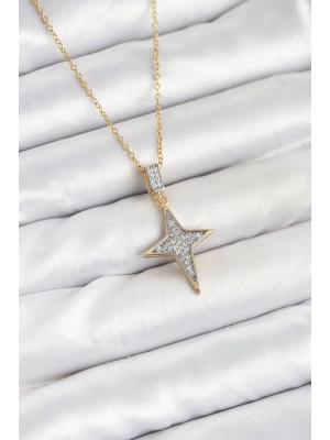316L Çelik Zincir Gold Renk Kutup Yıldızı Model Zirkon Taşlı Kadın Kolye