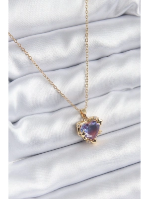 316L Çelik Zincir Gold Renk Mor Renk Zirkon Taşlı Kalp Model Kadın Kolye
