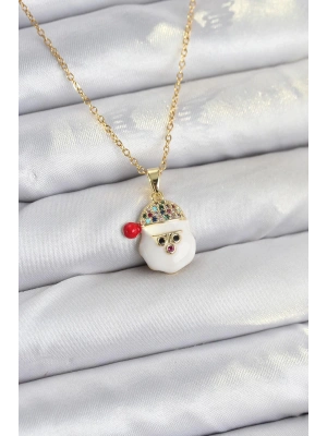 316L Çelik Zincir Gold Renk Şapkalı Kardan Adam Kafası Model Yılbaşı Temalı Kadın Kolye