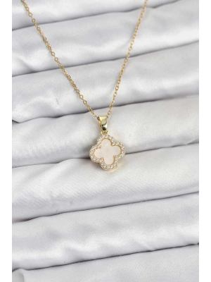 316L Çelik Zincir Gold Renk Sedefli Yonca Kadın Kolye