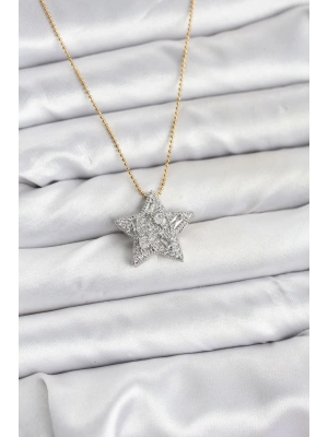 316L Çelik Zincir Gold Renk Zincirli Gümüş Yıldız Model Kadın Kolye