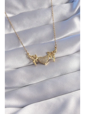 316L Çelik Zincir Gold Renk Zirkon Taşlı Kalp Model Kelebek Detay Kolye