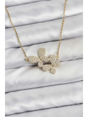 316L Çelik Zincir Gold Renk Zirkon Taşlı Kelebek Model Kadın Kolye