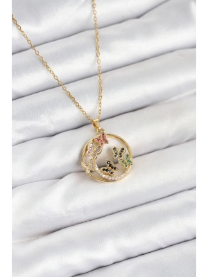 316L Çelik Zincir Gold Renk Zirkon Taşlı Kelebekli Kadın Kolye