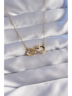 316L Çelik Zincir Gold Renk Zirkon Taşlı Pati ve Kalp Detaylı Sonsuzluk Kolye