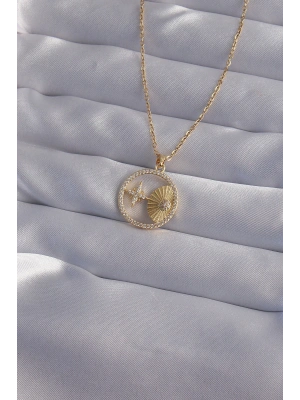 316L Çelik Zincir Gold Renk Zirkon Taşlı Yıldız Figürlü Oval Kolye