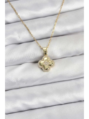 316L Çelik Zincir Gold Renk Zirkon Taşlı Yonca Model Kadın Kolye