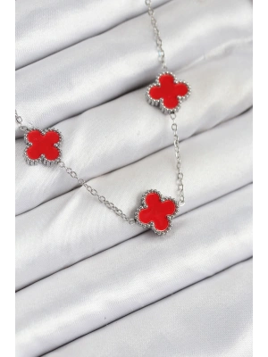 316L Çelik Zincir Gümüş Kırmızı Renk Yonca Kadın Kolye