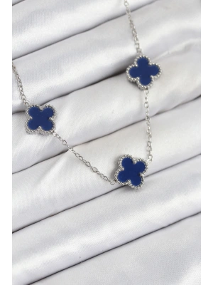 316L Çelik Zincir Gümüş Lacivert Renk Yonca Kadın Kolye