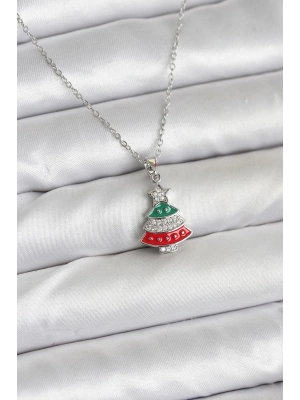 316L Çelik Zincir Gümüş Ren Çam Ağacı Model Zirkon Taşlı Yılbaşı Temalı Kadın Kolye