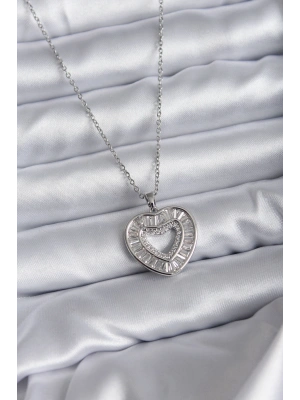 316L Çelik Zincir Gümüş Renk Baget Zirkon Taşlı Kadın Kolye