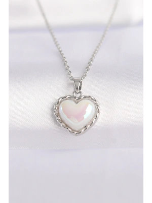 316L Çelik Zincir Gümüş Renk Beyaz Taşlı Bombeli Kalp Kolye