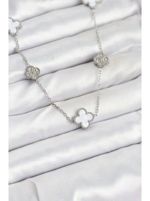 316L Çelik Zincir Gümüş Renk Beyaz ve Zirkon Taşlı Yonca Kadın Kolye
