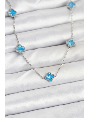 316L Çelik Zincir Gümüş Renk Buz Mavisi Baby Boy Yonca Kadın Kolye