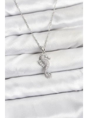 316L Çelik Zincir Gümüş Renk Deniz Atı Model Zirkon Taşlı Kadın Kolye