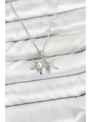316L Çelik Zincir Gümüş Renk Deniz Yıldızı Model Zirkon Taşlı Kadın Kolye