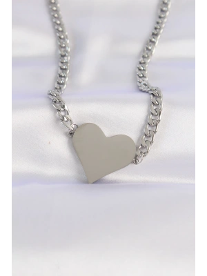 316L Çelik Zincir Gümüş Renk Düz Plaka Kalp Kolye
