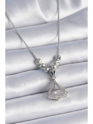 316L Çelik Zincir Gümüş Renk Gingko Yaprağı Model Zirkon Taş Detay Kadın Kolye