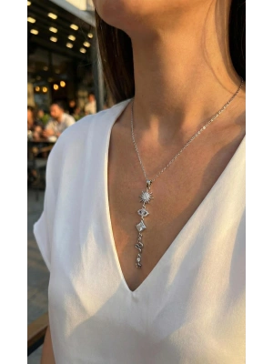 316L Çelik Zincir Gümüş Renk Güneş ve Enerji Model Kadın Y Kolye