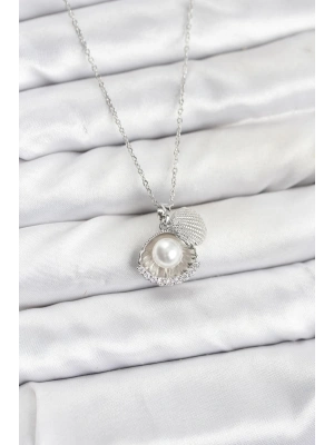 316L Çelik Zincir Gümüş Renk İncili Deniz Kabuğu Model Zirkon Taşlı Kadın Kolye