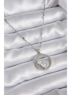316L Çelik Zincir Gümüş Renk İşleme Detay Halka Kalp Model Kadın Kolye