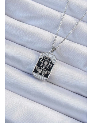 316L Çelik Zincir Gümüş Renk İşlemeli Siyah Mineli Tarot Kolye