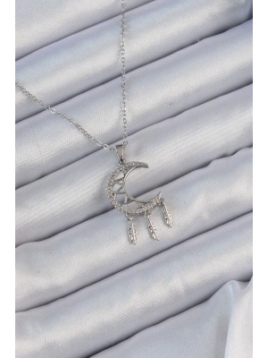 316L Çelik Zincir Gümüş Renk İşlemeli Zirkon Taşlı Ay Kolye