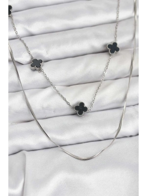 316L Çelik Zincir Gümüş Renk İtalyan Zincirli Siyah Yonca Model Kadın Kolye