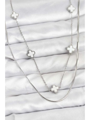 316L Çelik Zincir Gümüş Renk İtalyan Zincirli Yonca Model Kadın Kolye