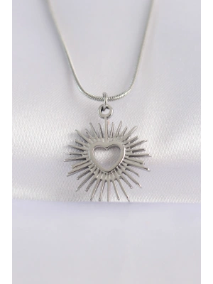 316L Çelik Zincir Gümüş Renk Kalp Güneşi Tasarımlı Kolye