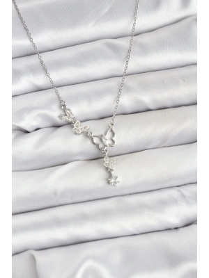 316L Çelik Zincir Gümüş Renk Kelebek Model Kadın Kolye