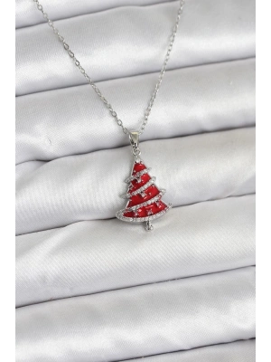 316L Çelik Zincir Gümüş Renk Kırmızı Çam Ağacı Model Yılbaşı Temalı Kadın Kolye