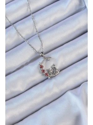 316L Çelik Zincir Gümüş Renk Kırmızı Gül Detay Kedi Figür Zirkon Taşlı Ay Kolye