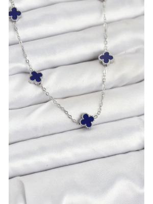316L Çelik Zincir Gümüş Renk Lacivert Baby Boy Yonca Kadın Kolye