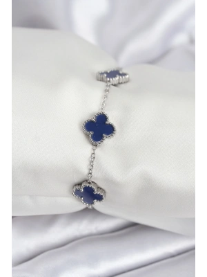 316L Çelik Zincir Gümüş Renk Lacivert Yonca Kadın Bileklik