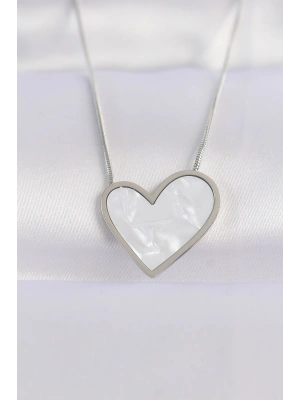 316L Çelik Zincir Gümüş Renk Mermer Desenli Kalp Kolye