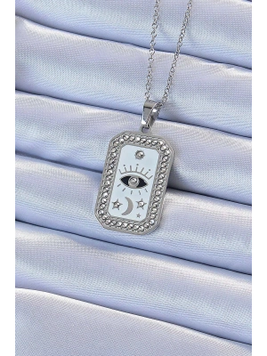 316L Çelik Zincir Gümüş Renk Mineli Zirkon Taşlı Göz Figür Tarot Kolye