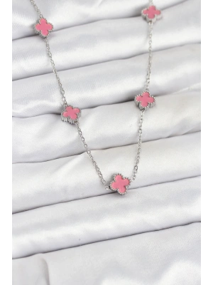 316L Çelik Zincir Gümüş Renk Pembe Baby Boy Yonca Kadın Kolye